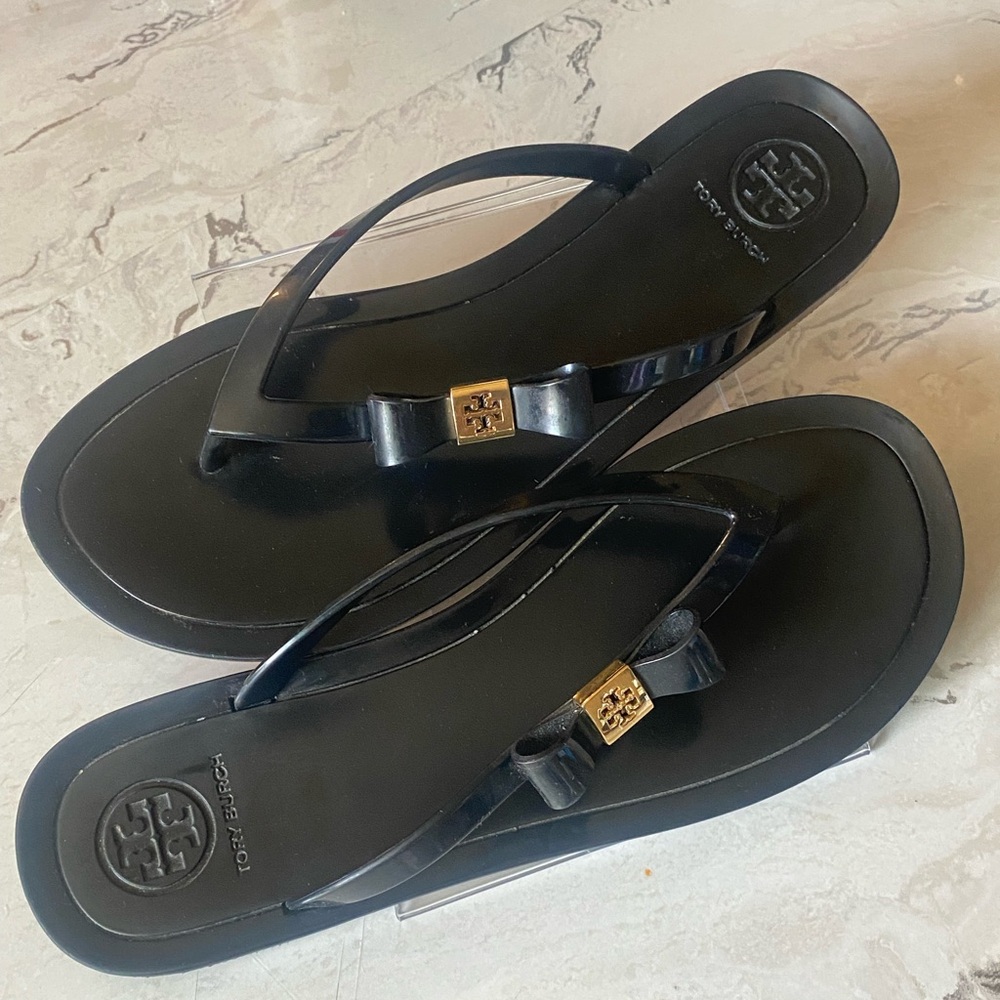Tory Burch Black Jelly Bow Flip Flop Sandals with Gold Logo